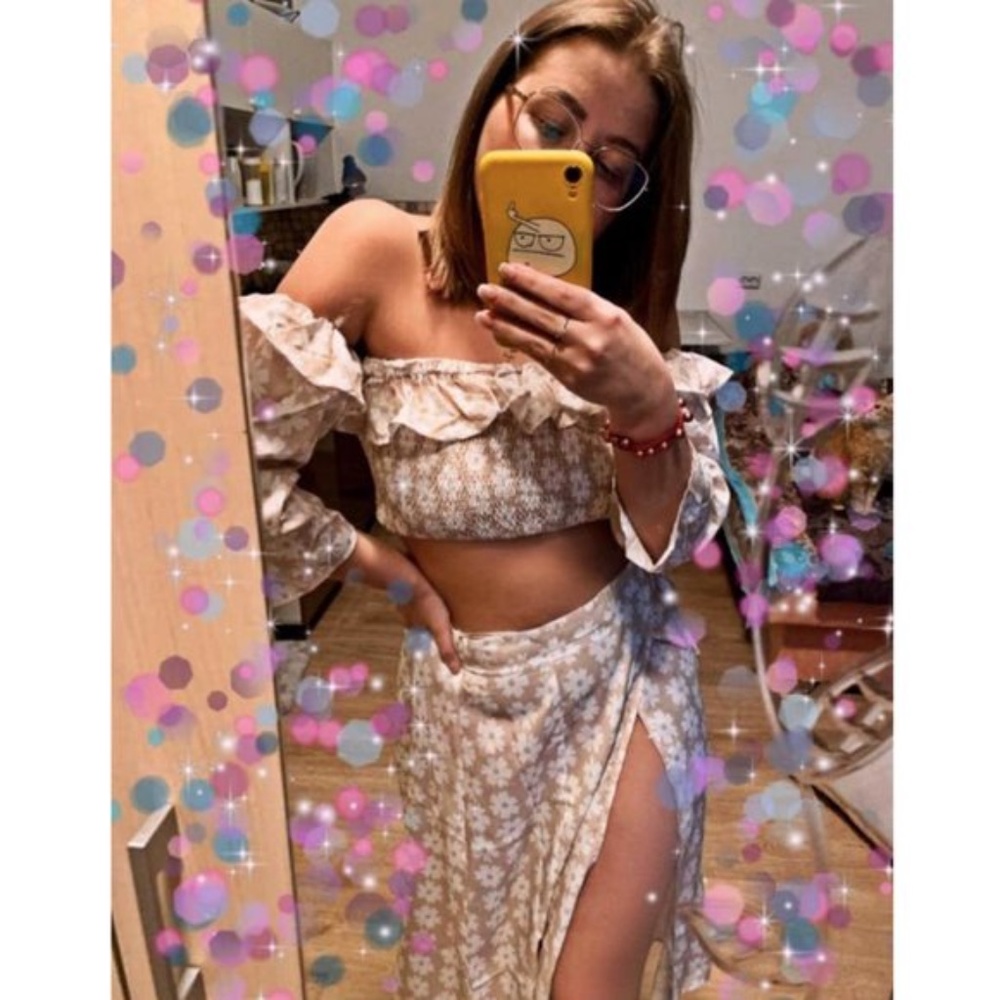 Boho floral ruffle Off Shoulder crop top Skirt set - Picture 5 of 5